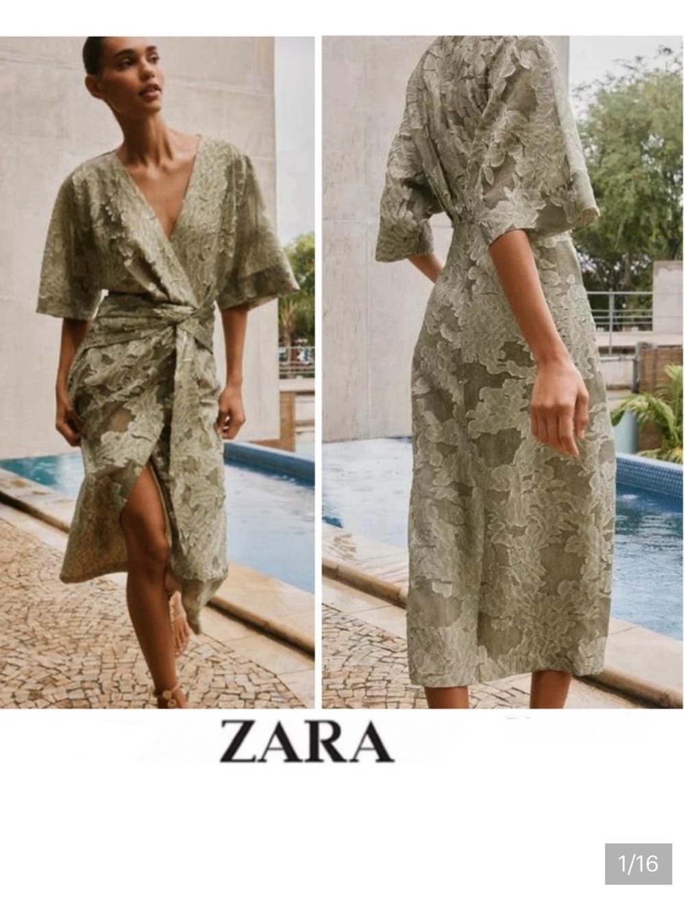 NWT Zara Olive Green Floral Midi Dress with Twist Front